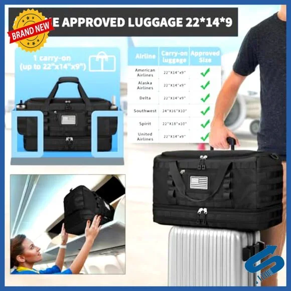 Tactical Travel Duffle Bag 22x14x9 Airline Approved with Wet Pocket